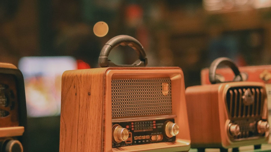 Retro style radio receivers on a shelf